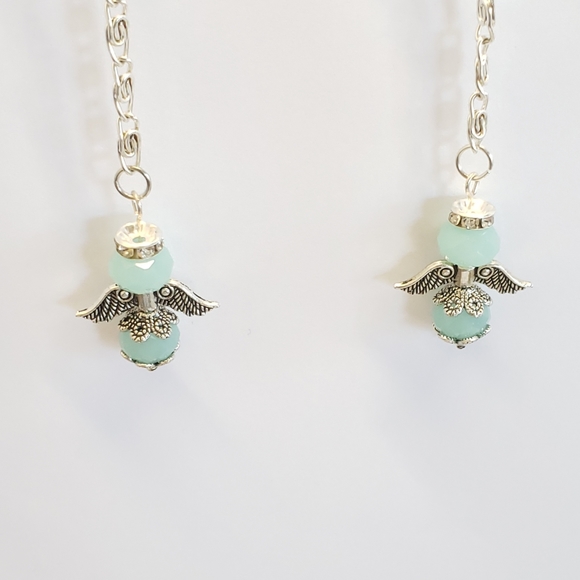 Handmade Frosted Blue Crystal Angel & Silver Chain Dangle Earrings - Picture 4 of 10